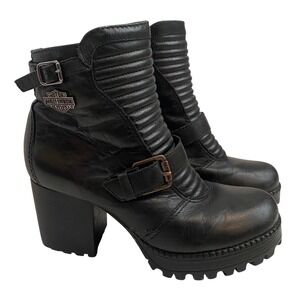 HARLEY-DAVIDSON Canell Leather Chunky Lug Moto Short Ankle Boots Size 5/36 Black